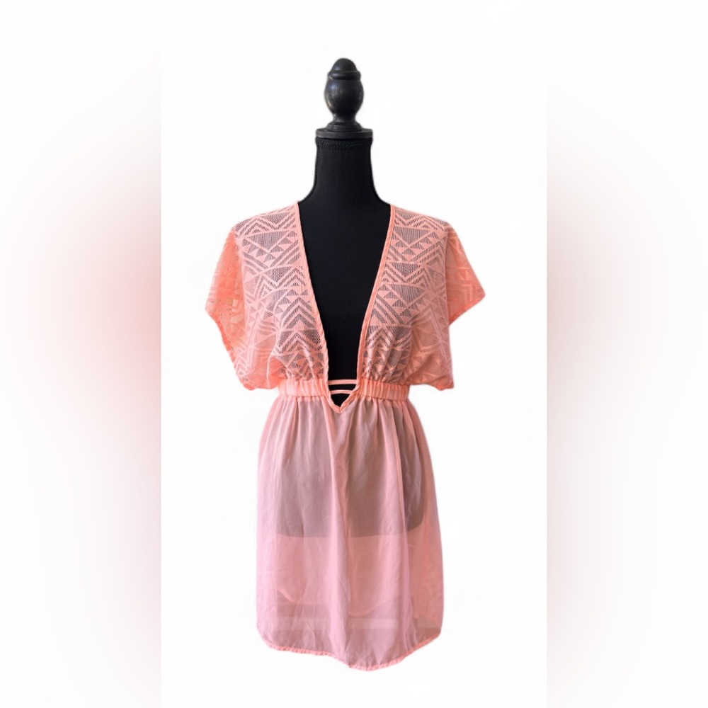 Arizona Jean Company Soft Coral Pink Textile Cover Up Sheer Lace Front Top/Dress
